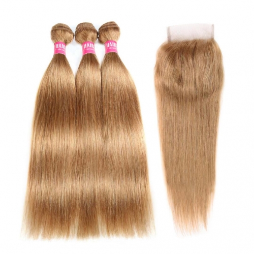 Straight Honey Blonde Remy Hair Weave 3 Bundles With Closure 4x4 Good HAIRCC Hair