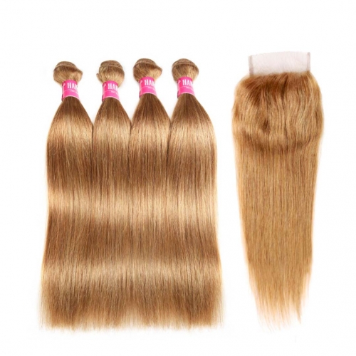 Straight Honey Blonde Hair Weave 4 Bundles With Closure 4x4 Great HAIRCC Remy Hair