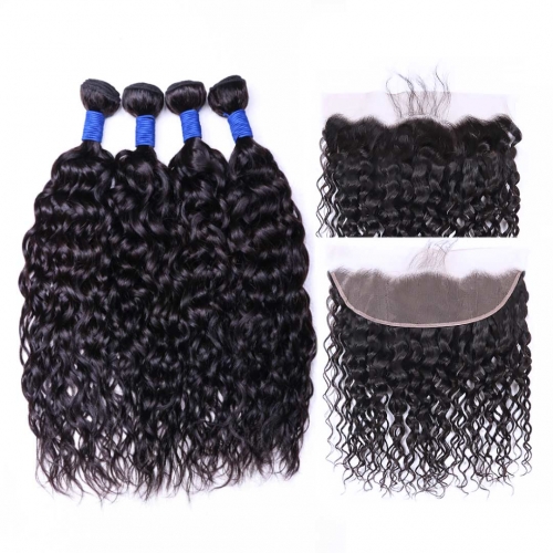 Virgin Human Hair Weave 4 Bundles With 13x4 Frontal Water Wave Good Quality HAIRCC Hair