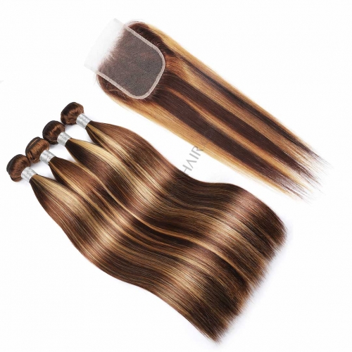 Balayage Ombre Straight Hair Weave 4 Bundles With Lace Closure HAIRCC Remy Hair