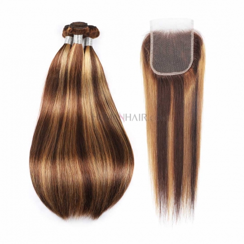 Balayage Ombre Hair With Closure Straight Human Hair Weave 3 Bundles HAIRCC Remy Hair