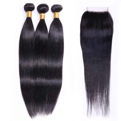 Evova Soft Straight Human Hair Bundles 3pcs With Closure Free Part Middle Part Three Part For Choice