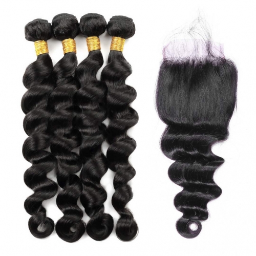 Loose Wavy Hair Weave 4 Bundles With 4x4 Closure Free Part Middle Part Three Part For Choice
