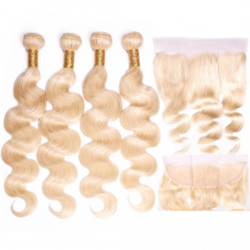 Blonde Hair Weave 4 Bundles With 13x4 Frontal Body Wave HAIRCC Remy Hair