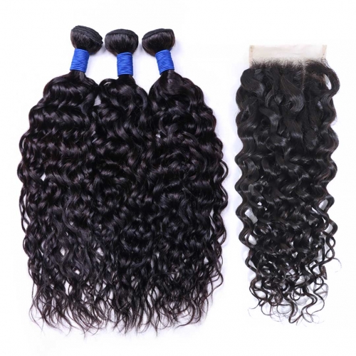 Water Wave Virgin Hair Weave 3 Bundles With Closure 4x4 Cheap HAIRCC Hair