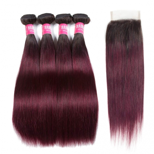 4 Bundles Ombre Straight Hair Weave With 4x4 Closure T1B/99J HAIRCC Remy Hair Red Wine