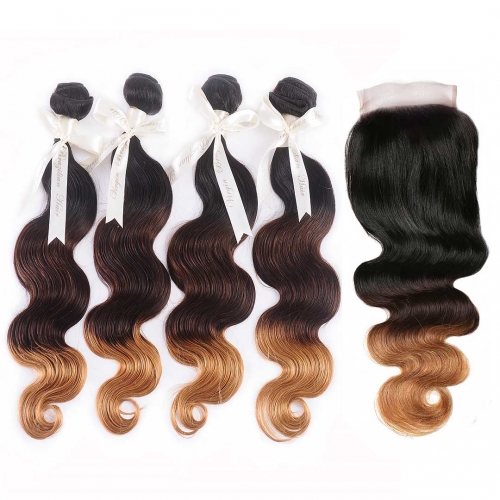 4 Bundles Ombre Hair Weave With 4x4 Closure Body Wave T1B/4/27 HAIRCC Remy Hair
