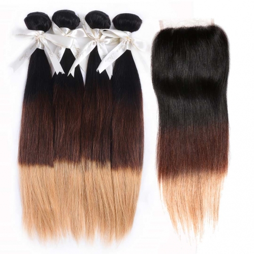 4 Bundles Ombre Straight Hair Weave With 4x4 Closure Brown Blonde HAIRCC Remy Hair