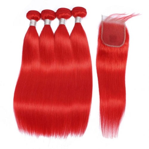 4 Bundles Red Hair Weave With 4x4 Closure Straight HAIRCC Remy Hair