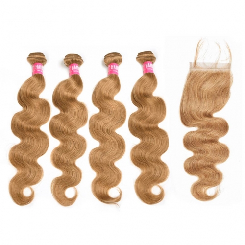 Body Wave Honey Blonde Remy Hair Weave 4 Bundles With Closure 4x4 Great HAIRCC Hair