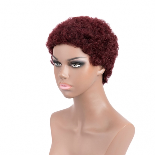 Cute Afro Curly Human Hair Wigs Evova Dark Red Machine Made Wigs Non Lace Cheap Wigs
