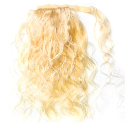 Blonde Human Hair Ponytail Wrap Around Body Wavy Clip In Pony Tail Extension Evova Hair