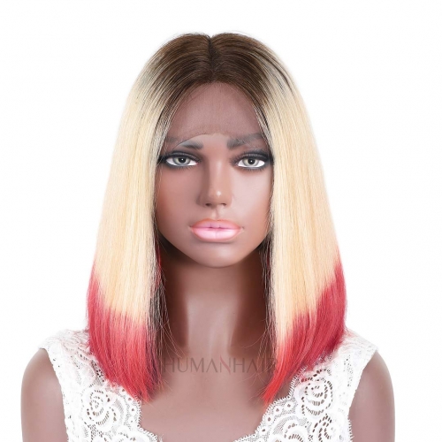 Short Bob Wig Highlight Color Blonde Red T Part Lace Front Human Hair Wig HAIRCC Wigs